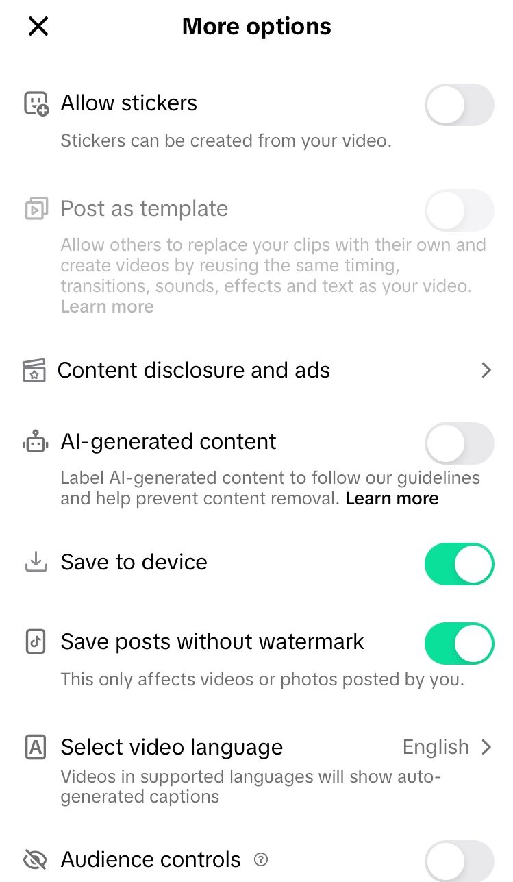TikTok's content disclosure settings include a toggle to flag your content as AI-generated.